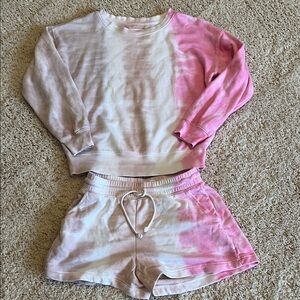 Set- Pink Tie-Dye High Waist Shorts and sweatshirt.